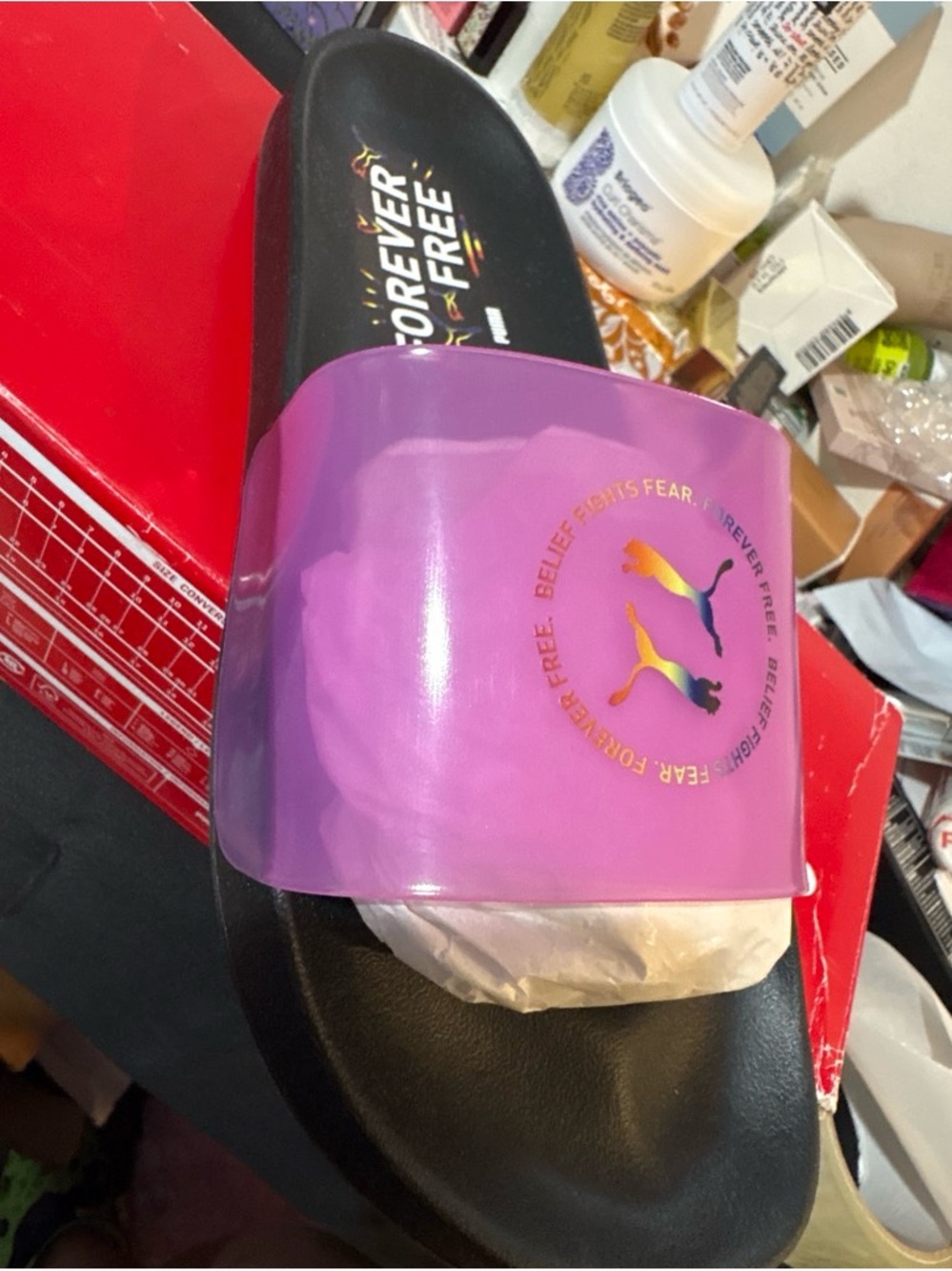 Puma Pink Slide with Rainbow Gradient Logo